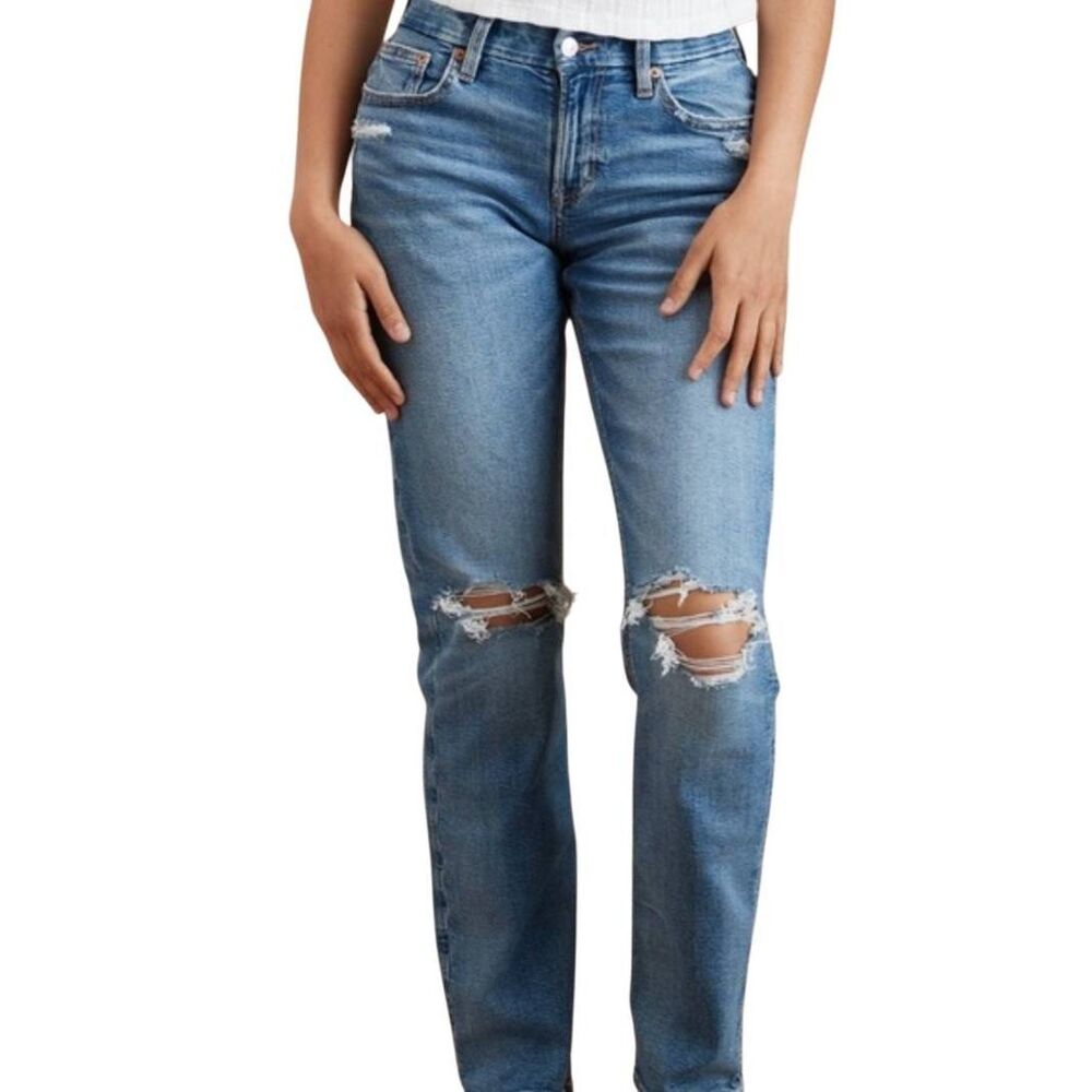 American Eagle Jeans Women's 2 Blue Super High Rise Ankle Straight Stretch Rip